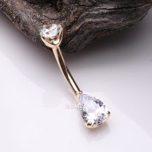 14 Karat Gold Dainty Brilliant Teardrop Sparkle Belly Button Ring - Clear Gem